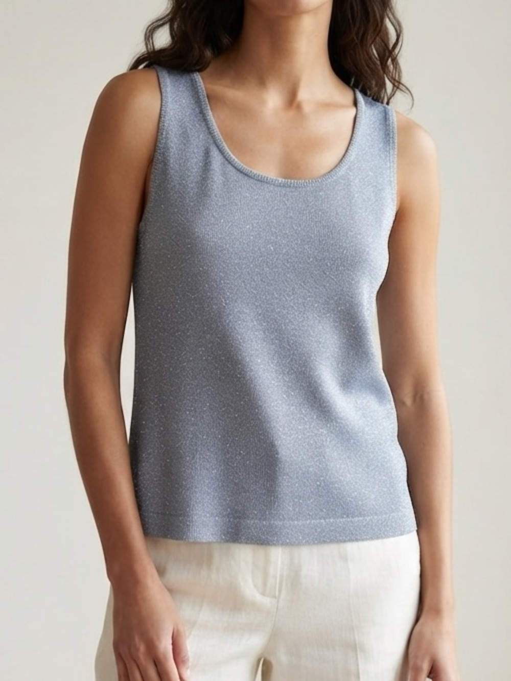 St John Sz S Blue Knit Metallic Sleeves Minimalist Top